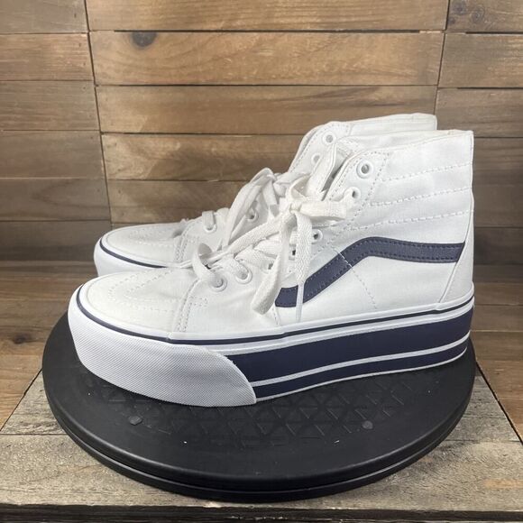 VANS Sk8-Hi Tapered Womens Size 8 Platform Shoes White Canvas Navy Sneakers - Picture 3 of 10